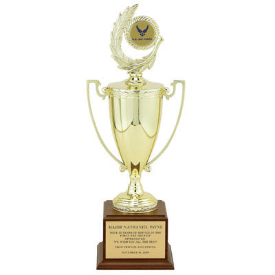 20-1/2 INCH TROPHY WITH 10-1/4 INCH GOLD CUP ON WALNUT BASE