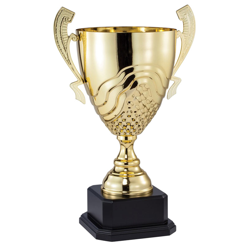 21-1/2 INCH GOLD METAL SWIRL AND GRID CUP ON BLACK WOOD BASE