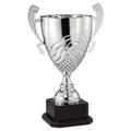 21-1/2 INCH SILVER METAL SWIRL AND GRID CUP ON BLACK WOOD BASE