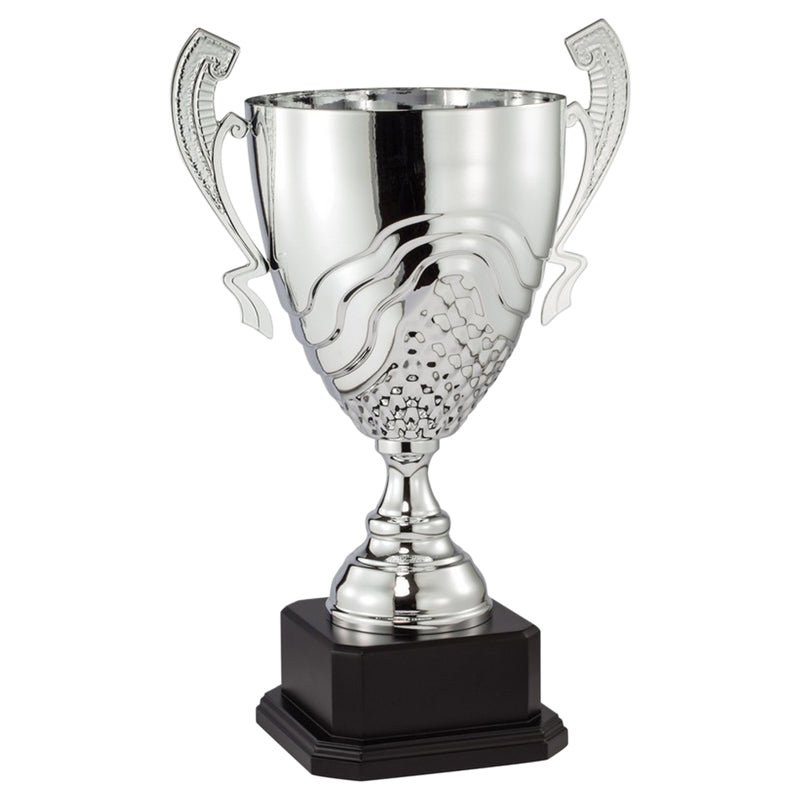 21-1/2 INCH SILVER METAL SWIRL AND GRID CUP ON BLACK WOOD BASE