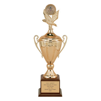 21 INCH SAVOIA SERIES TROPHY WITH 11 INCH METAL GOLD/SILVER CUP TAKES RISER AND INSERT