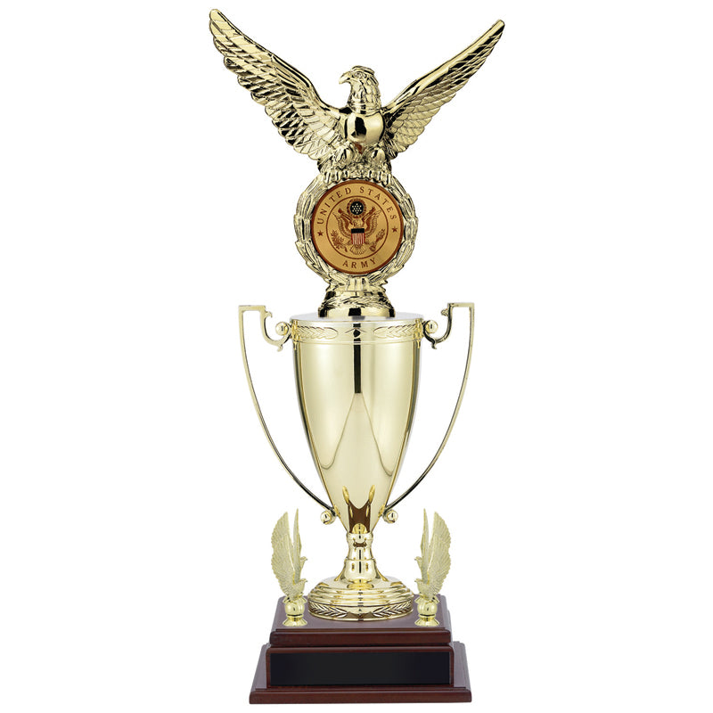 22-3/4 INCH EAGLE FIGURE TROPHY WITH 13 INCH GOLD CUP, FIGURE, AND TRIMS-EAGLE HOLDS 2 INCH INSERT