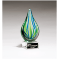 8" Blue and Green Teardrop Art Glass on Clear Glass Base with Black Laserable Aluminum Plate