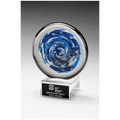 7" Blue and White Disc Art Glass on Clear Glass Base with Black Laserable Aluminum Plate