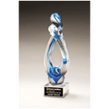 12" Contemporary Sculpture with Blue Accent Art Glass on Clear Glass Base with Black Laserable Aluminum Plate