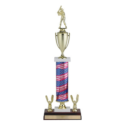 23, 24, 25 INCH ONE COLUMN STARS AND STRIPES TROPHY WITH CUP, EAGLE TRIMS AND TAKES FIGURE