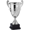 23 INCH SILVER ITALIAN MODERN TROPHY CUP ON BLACK WOOD BASE