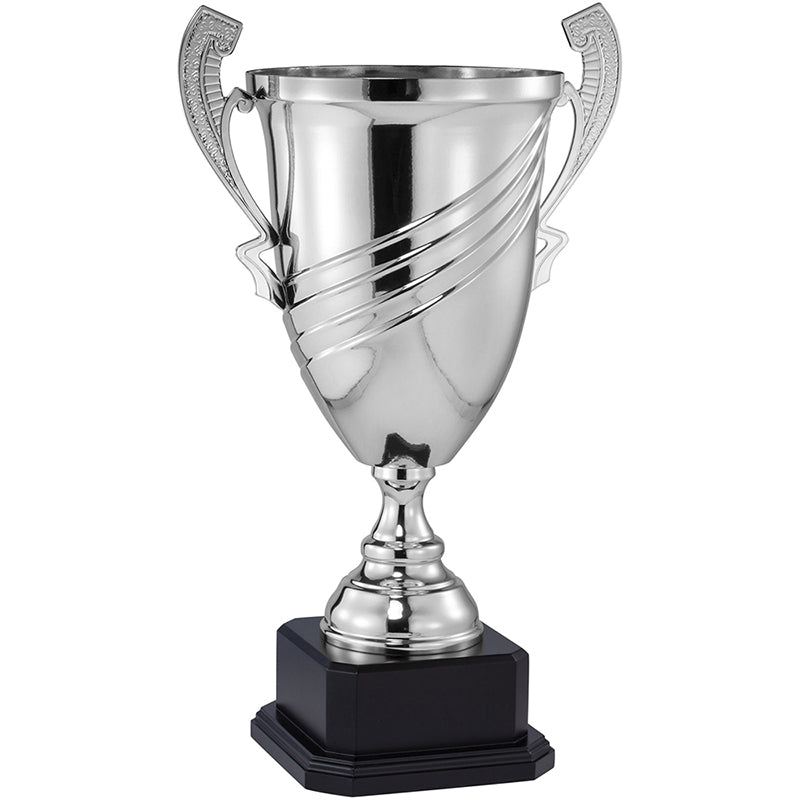 23 INCH SILVER ITALIAN MODERN TROPHY CUP ON BLACK WOOD BASE
