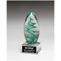 Blue and Green Helix Egg Shaped Art Glass on Clear Glass Base with Black 6 1/2" Laserable Aluminum Plate