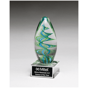 Blue and Green Helix Egg Shaped Art Glass on Clear Glass Base with Black 6 1/2" Laserable Aluminum Plate