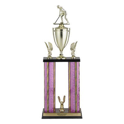 24, 25, 26 INCH TWO COLUMN MOONBEAM TROPHY WITH CUP, EAGLE TRIMS AND TAKES FIGURE