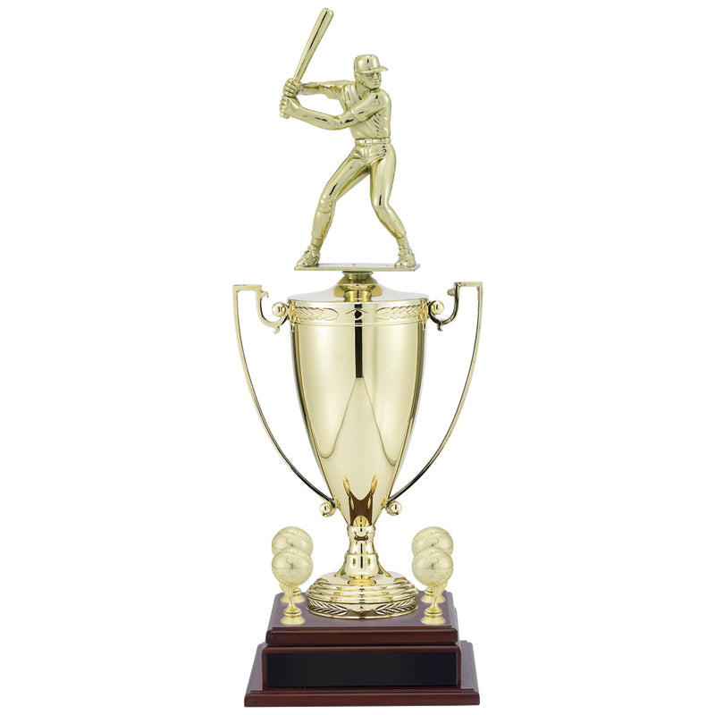 24-3/4 INCH MALE BASEBALL PLAYER TROPHY WITH 13 INCH GOLD CUP, FIGURE, AND TRIMS