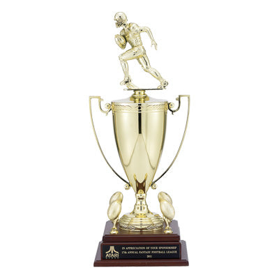 24 INCH MALE FOOTBALL PLAYER TROPHY WITH 13 INCH GOLD CUP, FIGURE, AND TRIMS
