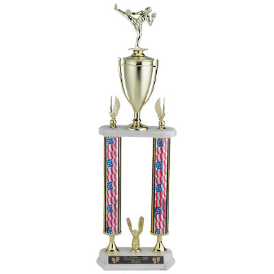 25-1/2, 26-1/2, 27-1/2 INCH TWO COLUMN STARS AND STRIPES TROPHY WITH CUP, EAGLE TRIMS AND TAKES FIGURE