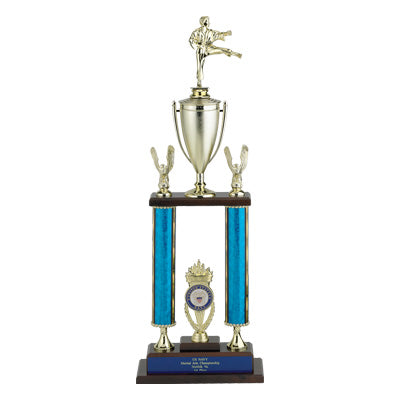 25, 26, 27 INCH TWO COLUMN MOONBEAM TROPHY WITH CUP, EAGLE TRIMS, HOLDS 2 INCH INSERT AND TAKES FIGURE