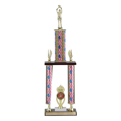 25, 27, 29 INCH THREE COLUMN STARS AND STRIPES TROPHY WITH CUP, EAGLE TRIMS, 2 INCH INSERT AND TAKES FIGURE