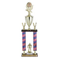 26-1/2, 27-1/2, 28-1/2 INCH TWO COLUMN STARS AND STRIPES  TROPHY WITH CUP, EAGLE TRIMS, HOLDS 2  INCH INSERT AND TAKES FIGURE
