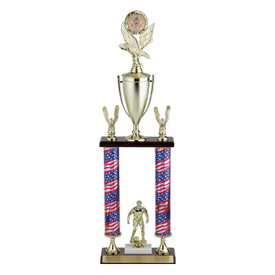 26-1/2, 27-1/2, 28-1/2 INCH TWO COLUMN STARS AND STRIPES  TROPHY WITH CUP, EAGLE TRIMS, HOLDS 2  INCH INSERT AND TAKES FIGURE