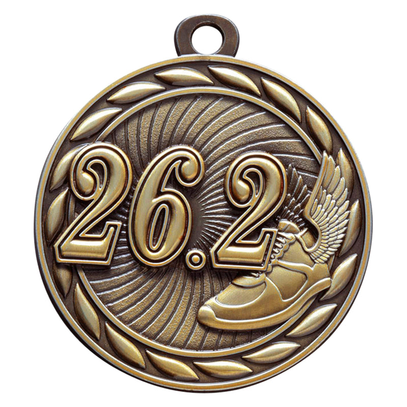 Die-Cast Metal 2-Inch in Diameter Round 26.2 Run Medal with Customizable Back in Antique Gold