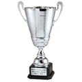 26-3/4 INCH TROPHY HEIGHT WITH LARGE ITALIAN SILVER TROPHY CUP ON BLACK WOOD BASE