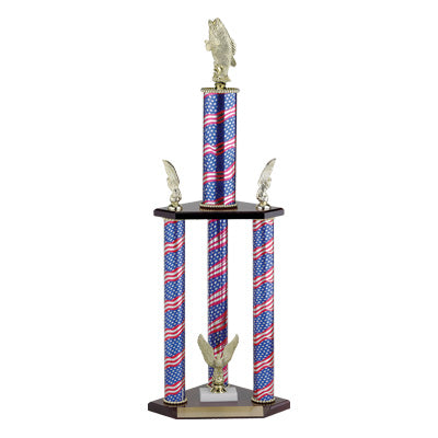 27-1/2, 31-1/2, 35-1/2 INCH FOUR COLUMN STARS AND STRIPES TROPHY WITH EAGLE TRIMS AND TAKES FIGURE