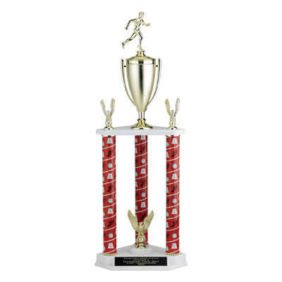 28-1/2, 31-1/2, 34-1/2 INCH THREE COLUMN TROPHY WITH CUP  AND TRIMS