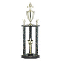 28-1/2, 31-1/2, 34-1/2 INCH THREE COLUMN TROPHY WITH CUP, TRIMS, RISER AND TAKES FIGURE