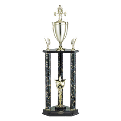 28-1/2, 31-1/2, 34-1/2 INCH THREE COLUMN TROPHY WITH CUP, TRIMS, RISER AND TAKES FIGURE