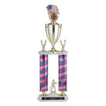 28, 29, 30 INCH  TWO COLUMN STARS AND STRIPES TROPHY WITH CUP, EAGLE TRIMS, HOLDS 2 INCH INSERT AND TAKES FIGURE