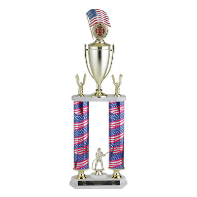 28, 29, 30 INCH  TWO COLUMN STARS AND STRIPES TROPHY WITH CUP, EAGLE TRIMS, HOLDS 2 INCH INSERT AND TAKES FIGURE