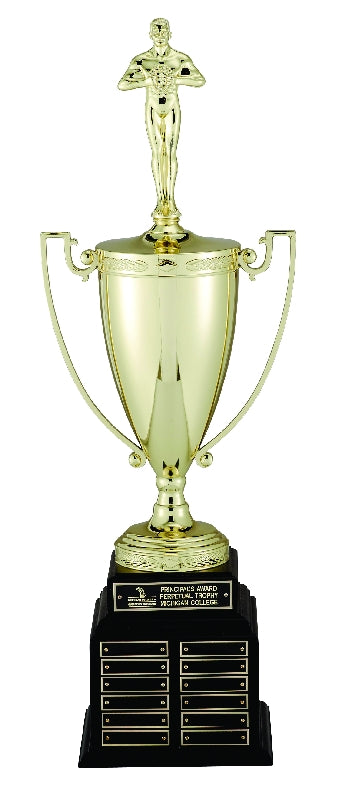 28 INCH  PERPETUAL TROPHY WITH 13 INCH GOLD CUP ON BLACK BASE, 48 PLATES