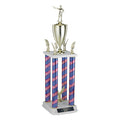 29, 32, 35 INCH FOUR COLUMN STARS AND STRIPES TROPHY WITH CUP, EAGLE TRIMS AND TAKES FIGURE