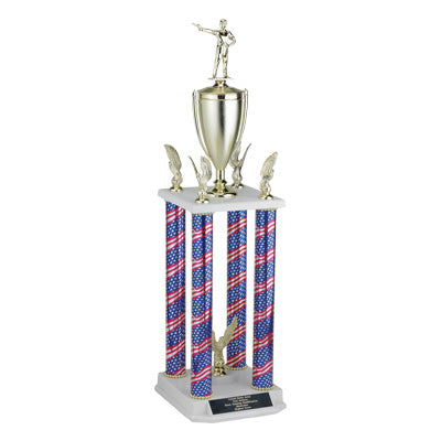 29, 32, 35 INCH FOUR COLUMN STARS AND STRIPES TROPHY WITH CUP, EAGLE TRIMS AND TAKES FIGURE