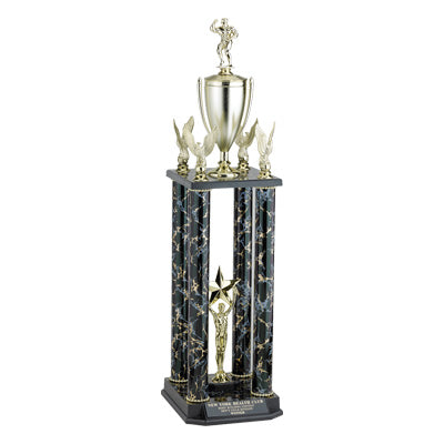 29, 32, 35 INCH FOUR COLUMN TROPHY WITH CUP, FIGURE AND EAGLE TRIMS