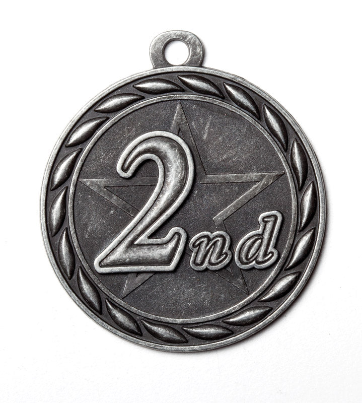 Metal 2-Inch in Diameter Round 2nd Place Medal with Customizable Back in Antique Silver