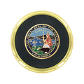 3-5/8 INCH BRIGHT GOLD AND LEATHERETTE COASTER WITH 2 INCH STATE OF CALIFORNIA ETCHED ENAMELED BRASS MEDALLION INSERT