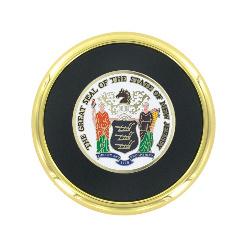 3-5/8 Inch Bright Gold And Leatherette Coaster With 2 Inch State Of New Jersey Etched Enameled Brass Medallion Insert