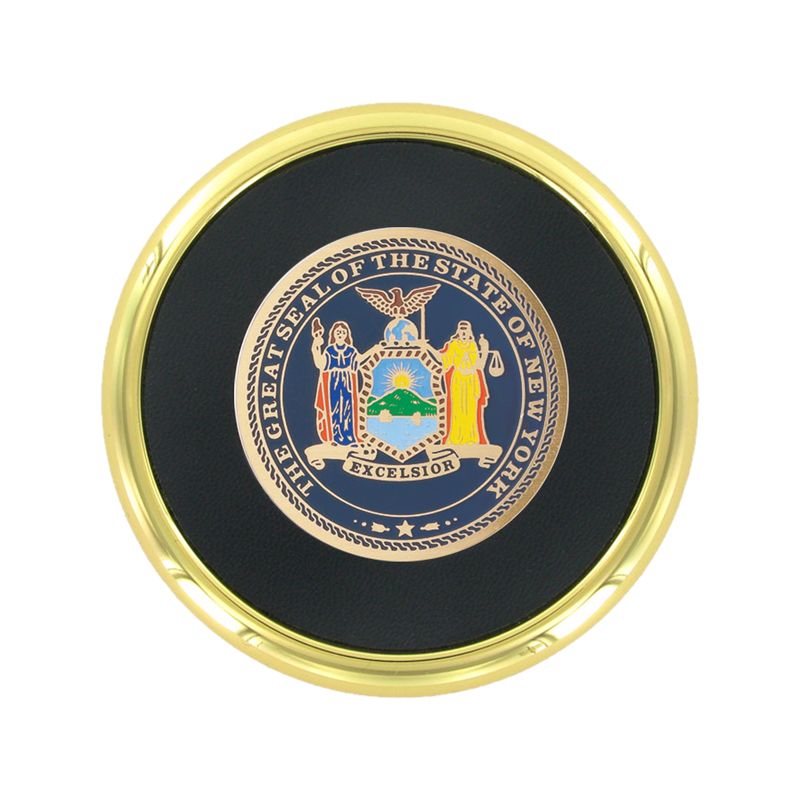 3-5/8 Inch Bright Gold And Leatherette Coaster With 2 Inch State Of New York Etched Enameled Brass Medallion Insert