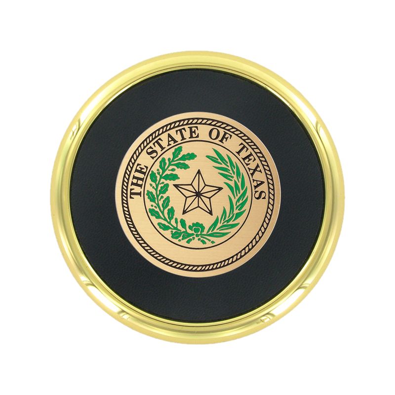 3-5/8 Inch Bright Gold And Leatherette Coaster With 2 Inch State Of Texas Etched Enameled Brass Medallion Insert