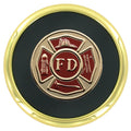 3-5/8 INCH GOLD METAL FIRE DEPARTMENT COASTER WITH 2 INCH INSERT