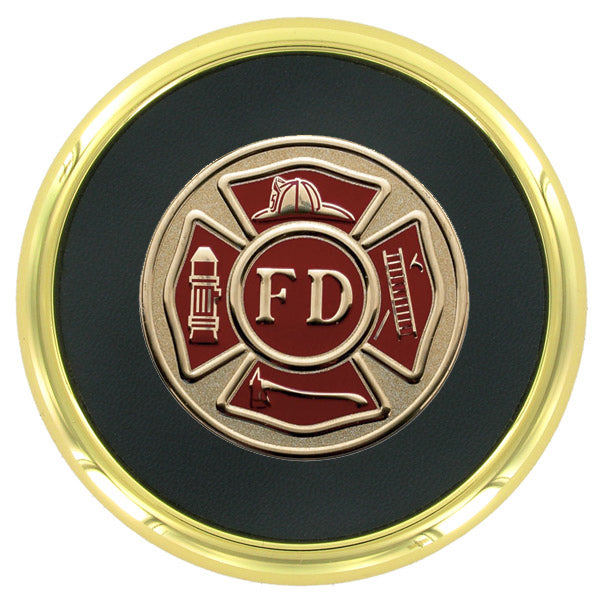 3-5/8 INCH GOLD METAL FIRE DEPARTMENT COASTER WITH 2 INCH INSERT