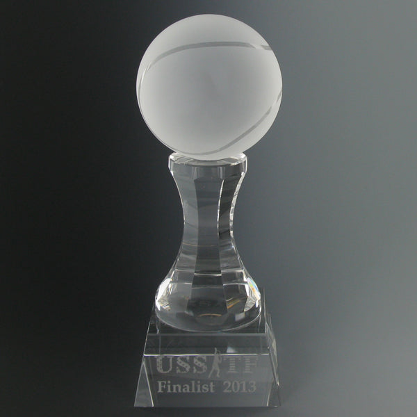 3 X 8 INCH FROSTED CRYSTAL TENNIS BALL ON PEDESTAL TROPHY
