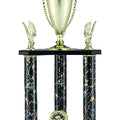 31, 34, 37 INCH BLACK AND GOLD THREE COLUMN TROPHY WITH CUP AND TRIMS, TAKES FIGURE AND INSERT