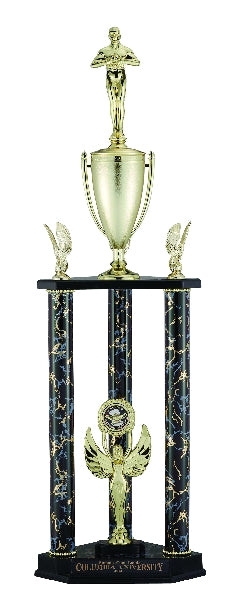 31, 34, 37 INCH BLACK AND GOLD THREE COLUMN TROPHY WITH CUP AND TRIMS, TAKES FIGURE AND INSERT