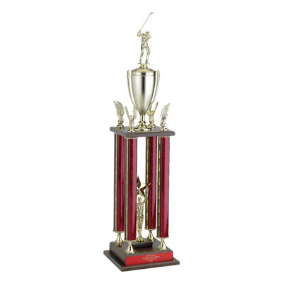 31, 34, 37 INCH FOUR COLUMN MOONBEAM TROPHY WITH CUP, EAGLE TRIMS AND TAKES FIGURE