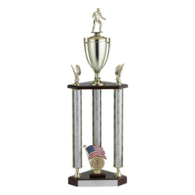 31, 34, 37 INCH THREE COLUMN MOONBEAM TROPHY WITH CUP, EAGLE TRIMS, HOLDS 2 INCH INSERT AND TAKES FIGURE