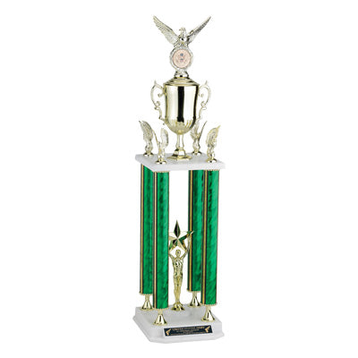 32, 35, 38 INCH SPLASH FOUR COLUMN TROPHY WITH CUP, EAGLE TRIMS, HOLDS 2 INCH INSERT AND TAKES TROPHY RISER