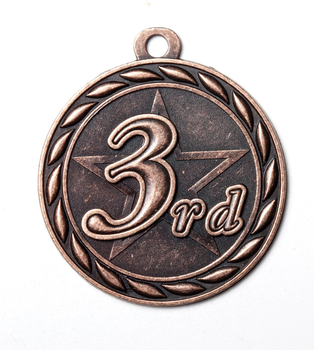 Metal 2-Inch in Diameter Round 3rd Place Medal with Customizable Back in Antique Bronze