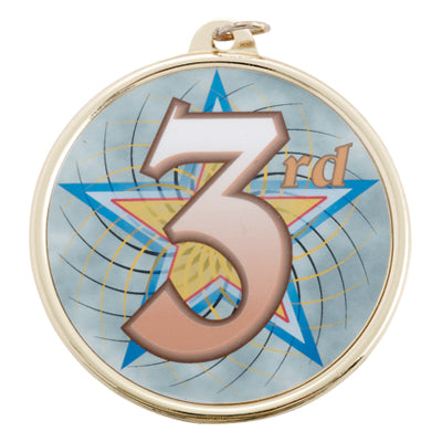 2-1/4 Inch in Diameter Round Mylar Detailed 3rd Place Gold Medal with Customizable Back