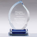 7 X 4-1/2 INCH OPTICAL CRYSTAL FLAME AWARD WITH SERRATED EDGE BLUE BASE.